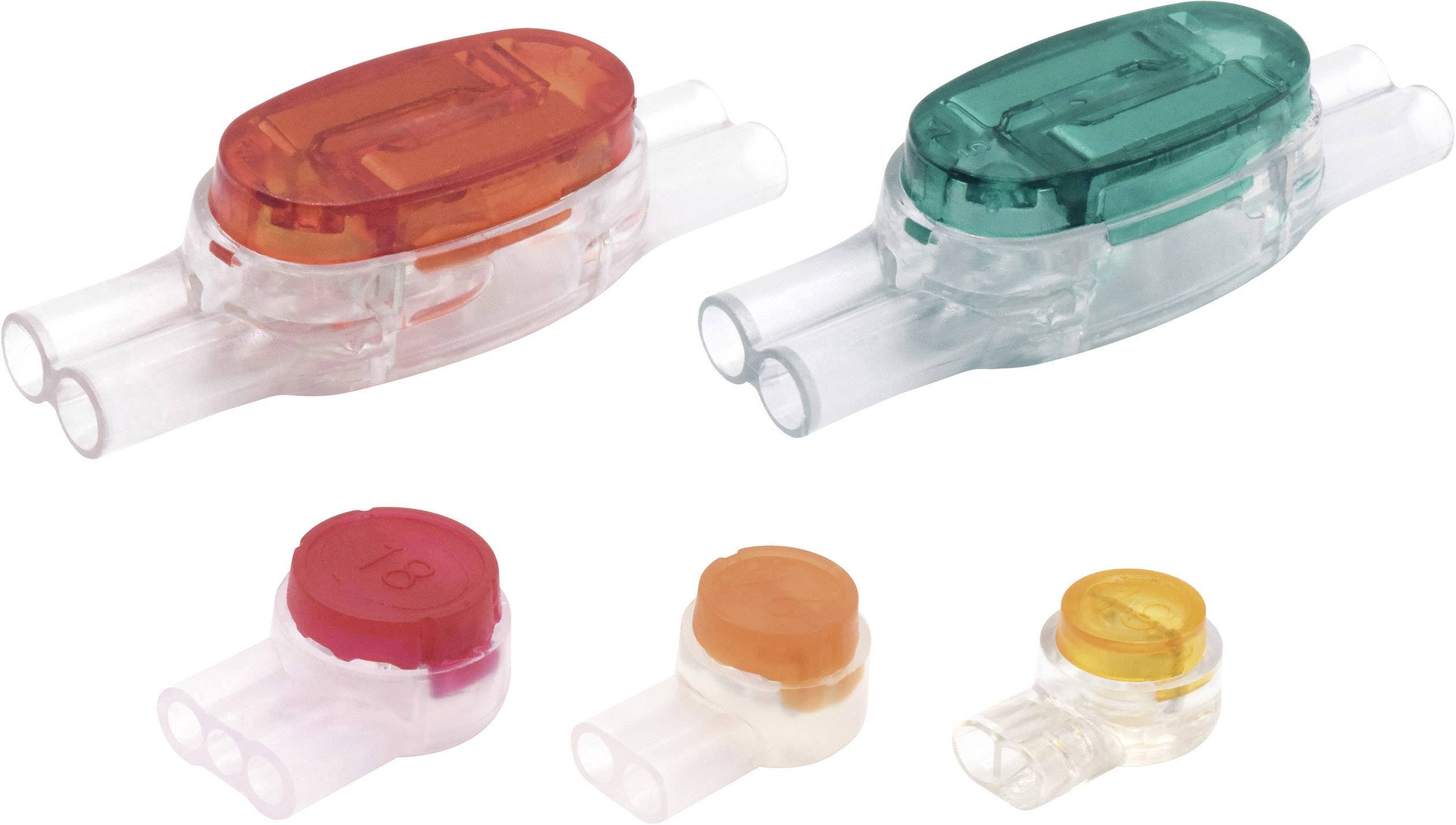 Transparent electrical connectors in various colours (red, green, orange) and sizes for connecting cables.