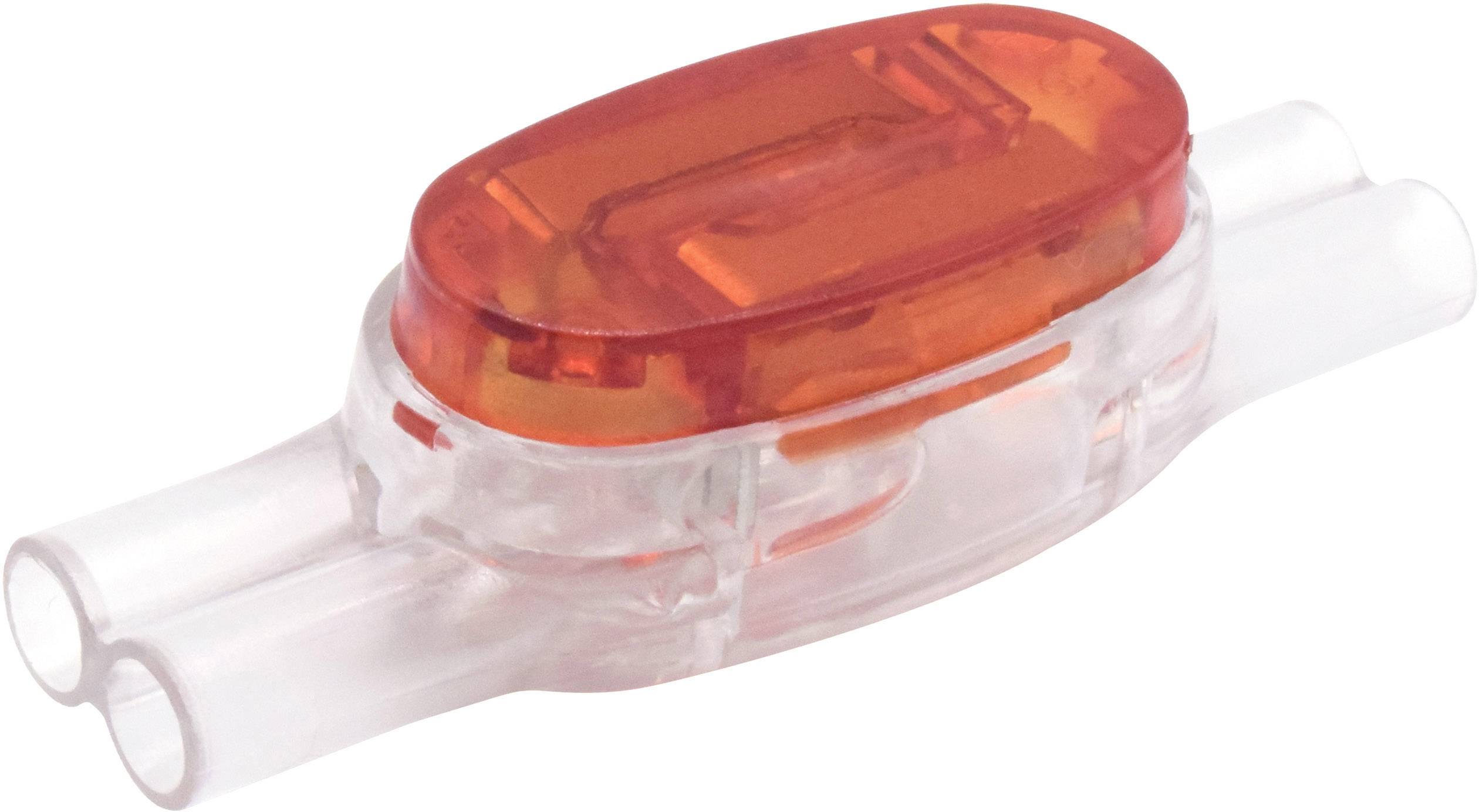 A transparent connector with two inlets and a red cap, used to securely join wires together.