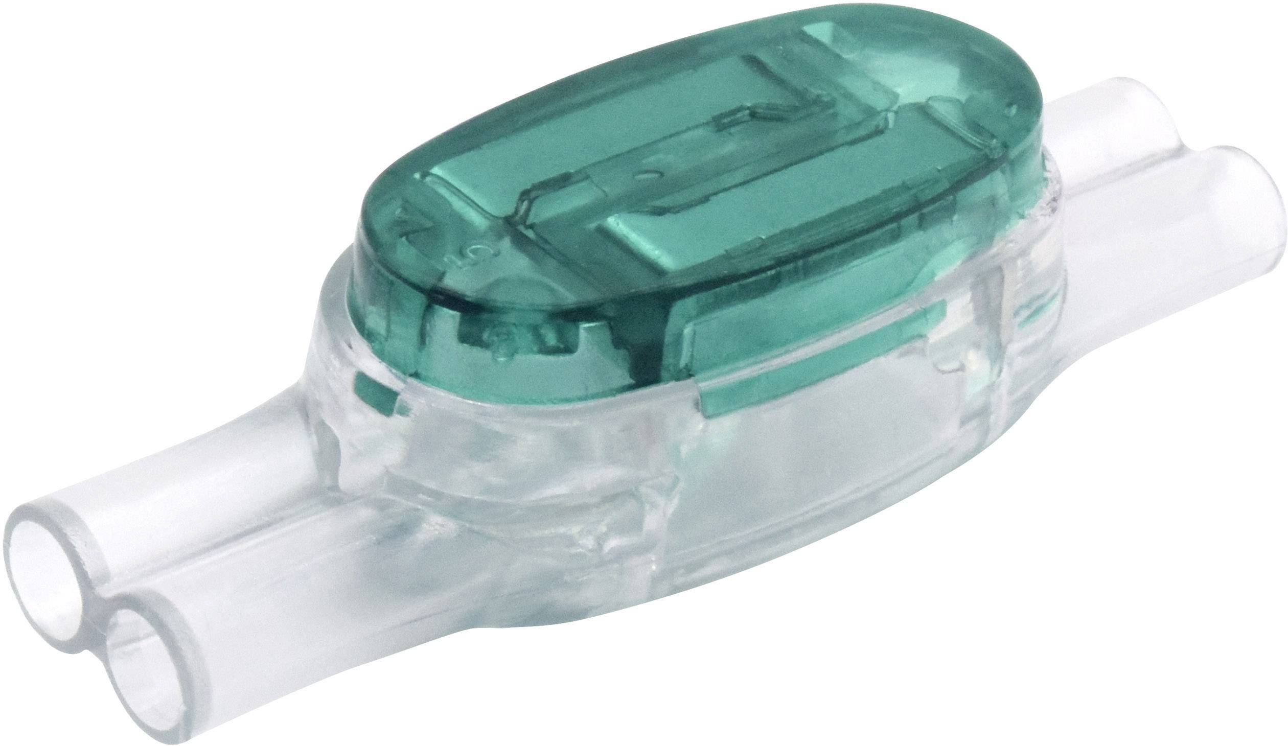 A transparent plastic connector with two entry openings and a green cap for electrical wiring.