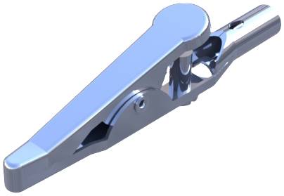 Metal crocodile clip on a white background, shown from a side view. Suitable for electrical connections.
