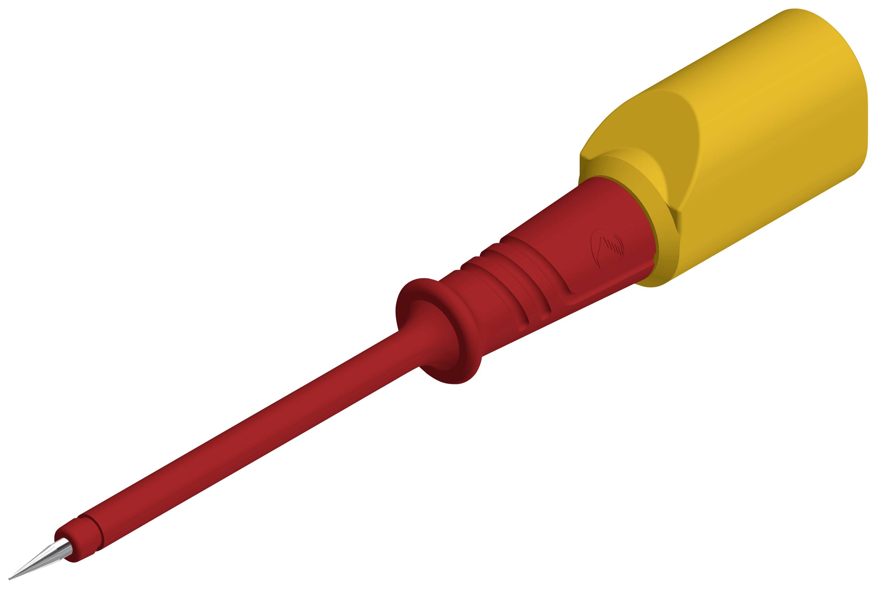 Red electrical test probe with yellow handle, tapering to a point, for safe use in electrical measurements.