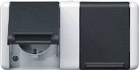 Socket with cover in closed position, next to a hinged cover, in black and white.