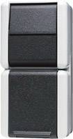 Two black switches in a frame, arranged vertically, typical of an electrical installation panel in buildings.