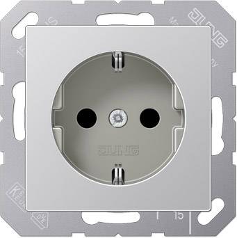 A silver socket with two round holes and an earth pin, set into a square metal plate.