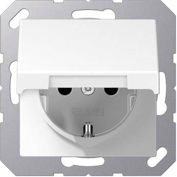 White earthed socket with cover, mounted in a metal frame. Suitable for indoor use.