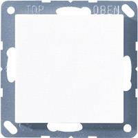 A square, white light switch on a grey mounting plate with the inscription 'TOP' and 'ABOVE'.