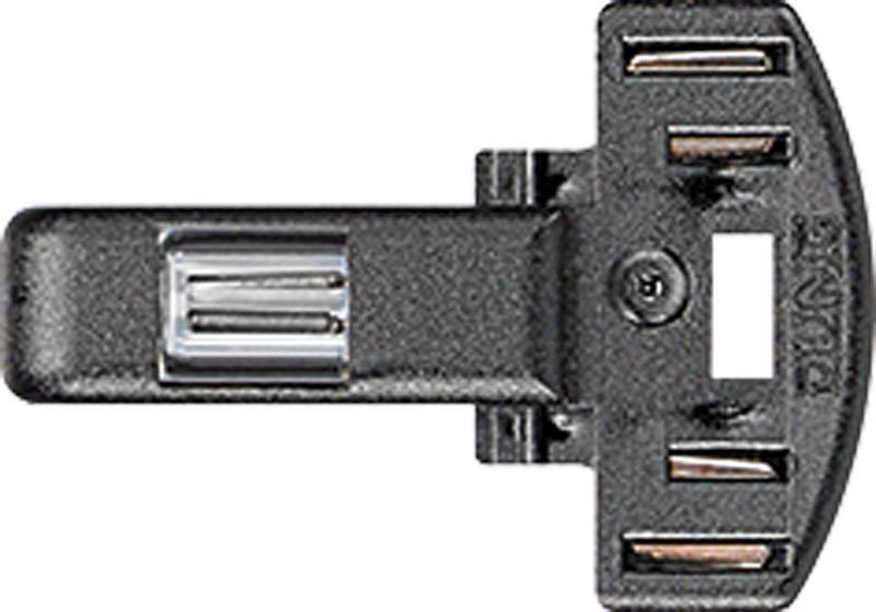 A black, rectangular plastic clip with multiple openings and a transparent section in the middle.