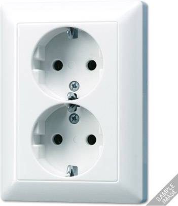 Double socket on a wall, suitable for European plugs, shown in a white frame.