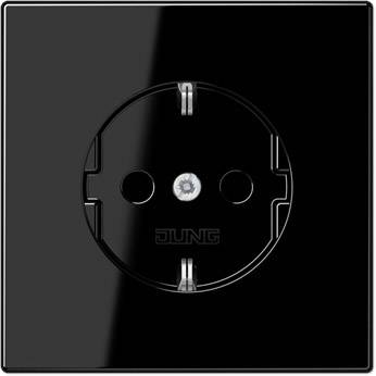 Black, square socket frame with a round socket in the centre, glossy surface.