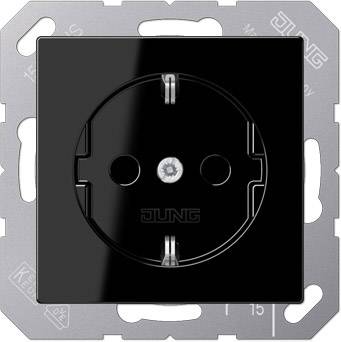 Black socket in a square metal mounting, with two round openings and an earth pin. 'JUNG' marking on the front side.