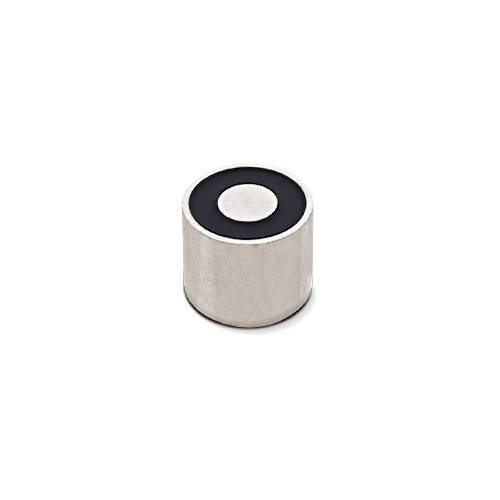 A cylindrical magnet with a silver casing and a black surface on top.