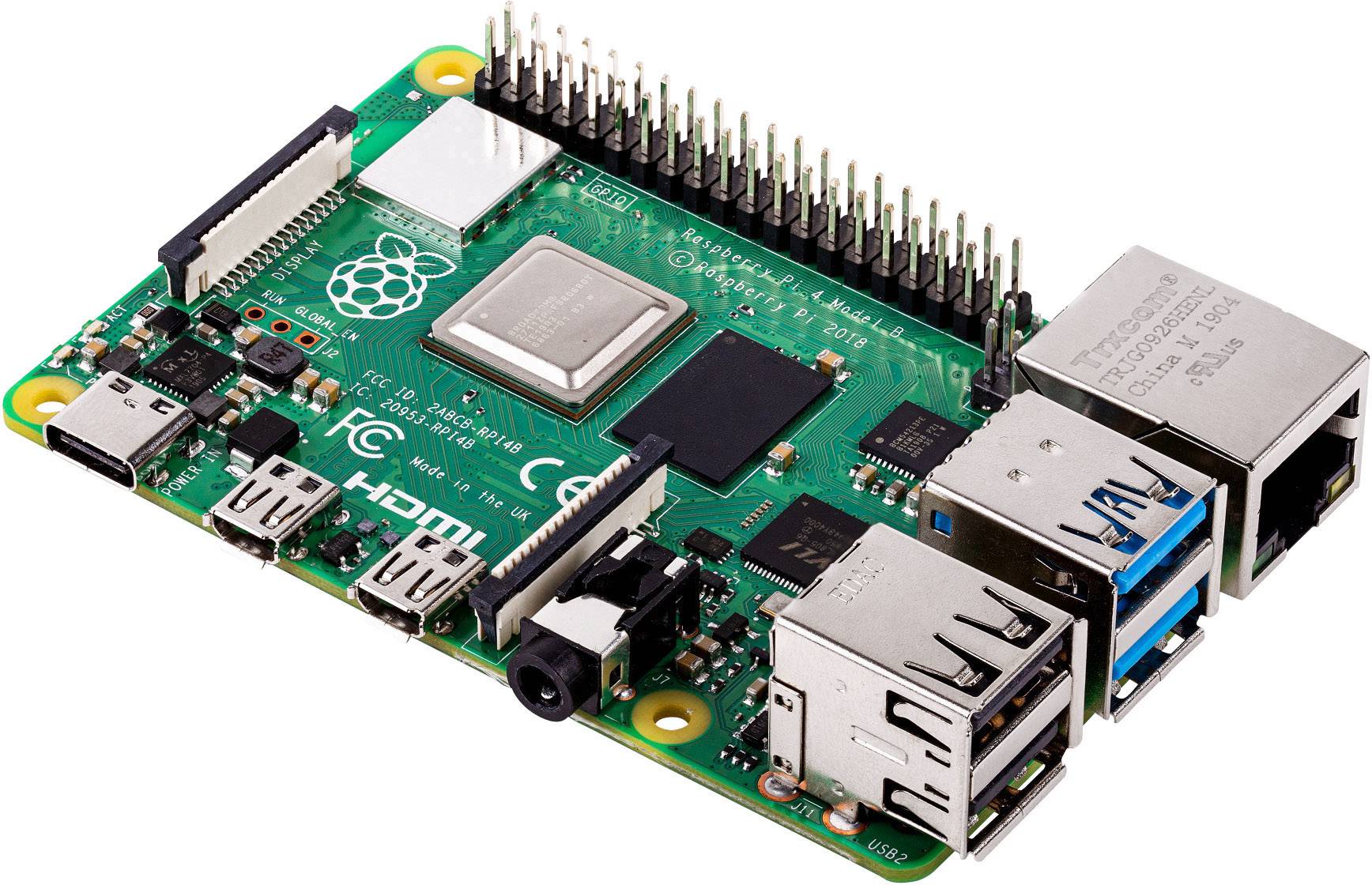 A Raspberry Pi single-board computer with multiple ports, USB ports, Ethernet connection, and HDMI output.