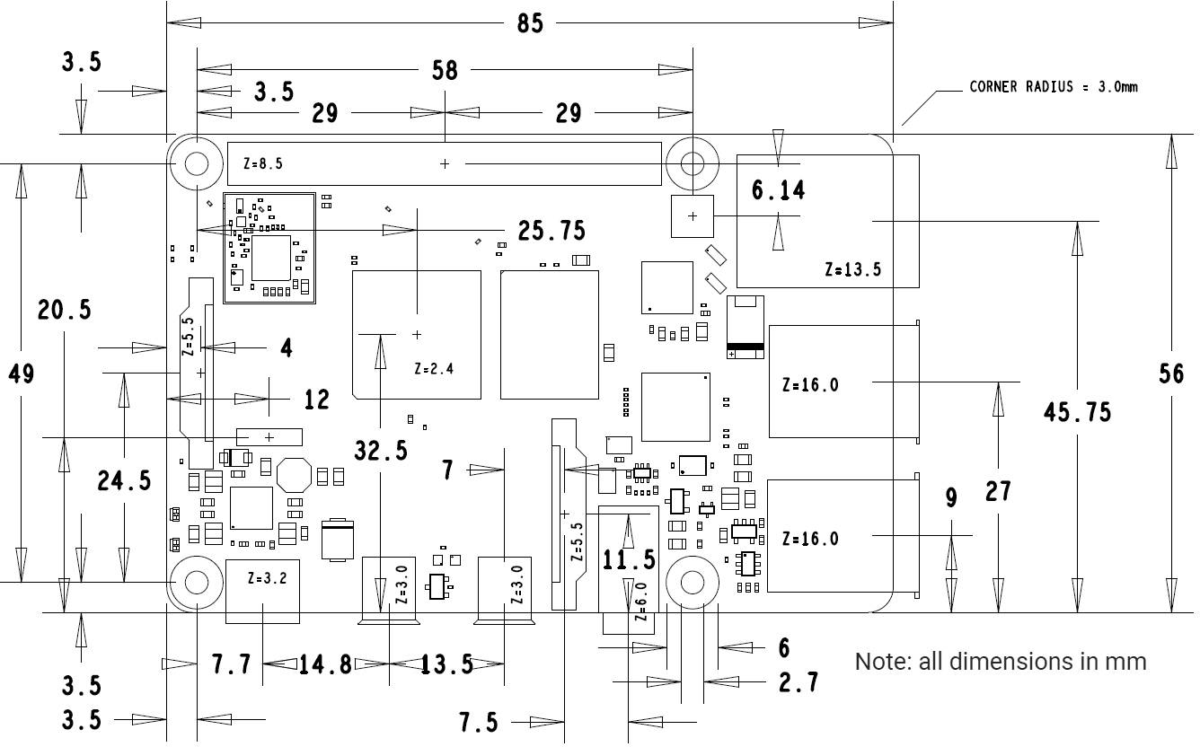 Technical drawing of an electronic circuit board with dimensions in millimetres. Contains detailed measurements and positions of components.