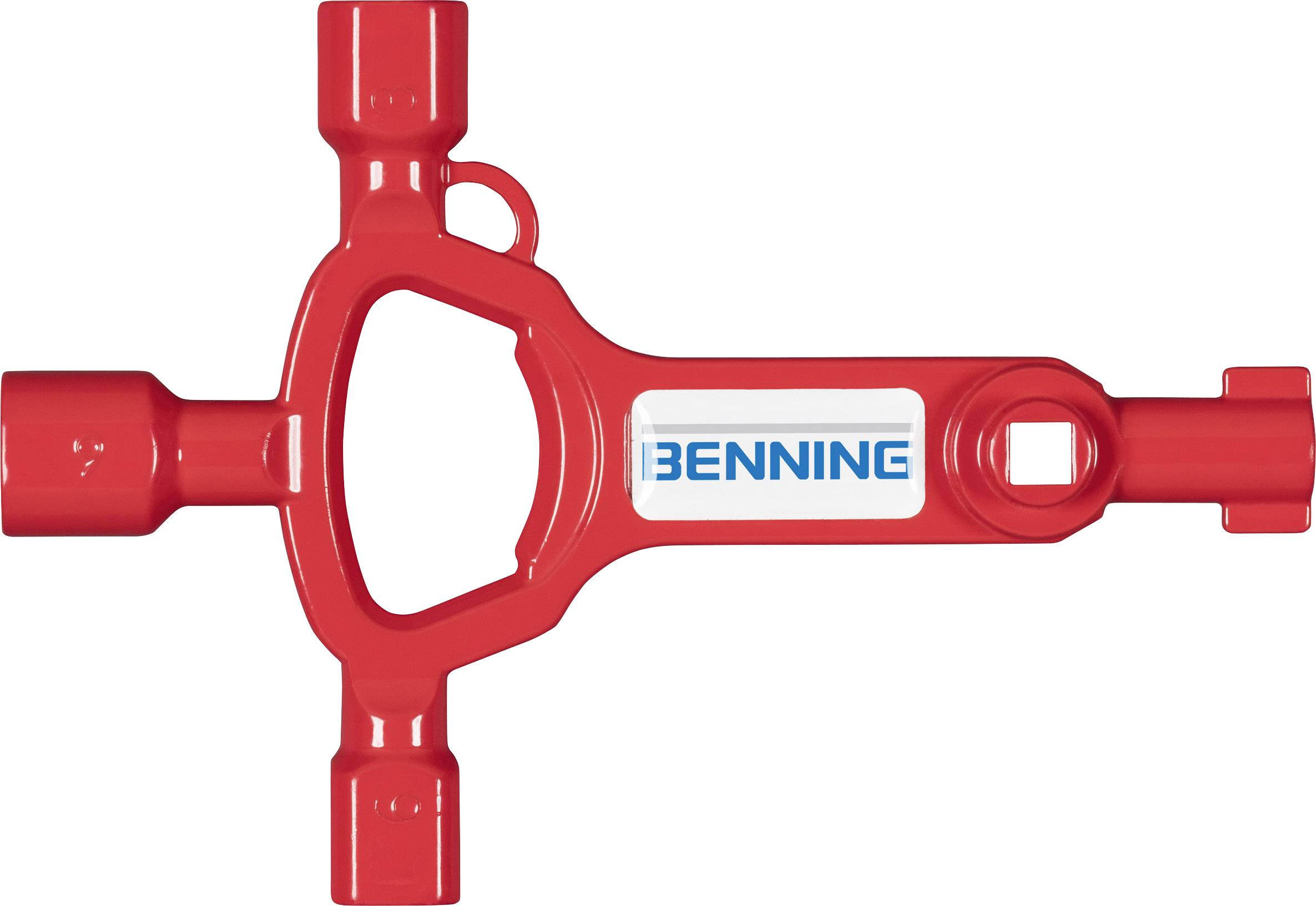 Red universal square drive key with the 'Benning' text in the centre, used for various tools and devices.