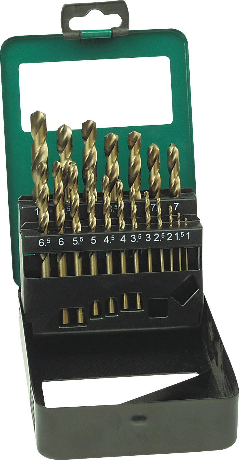 A drill bit set with various drill bit sizes in an open green case, ranging from 1.5 to 6.5 mm.