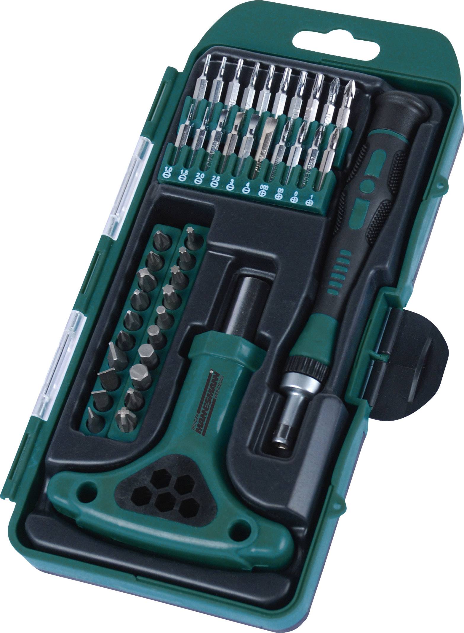Set of screwdrivers with various bits and a T-handle in a green plastic case. Ideal for versatile repairs.