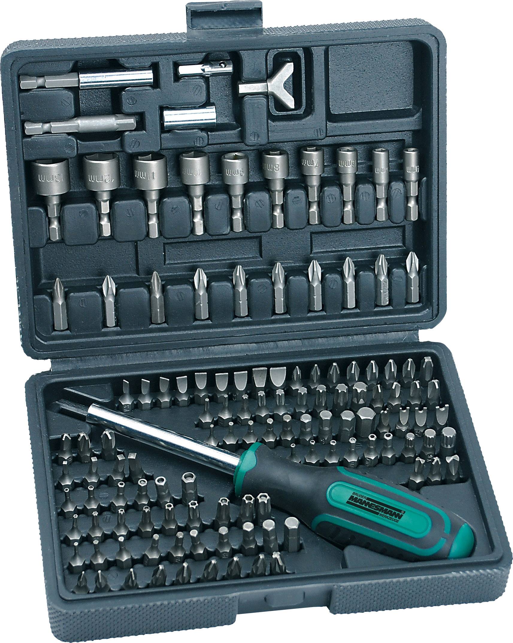 An open toolbox with numerous screwdriver bits and a screwdriver handle arranged in a neat layout.