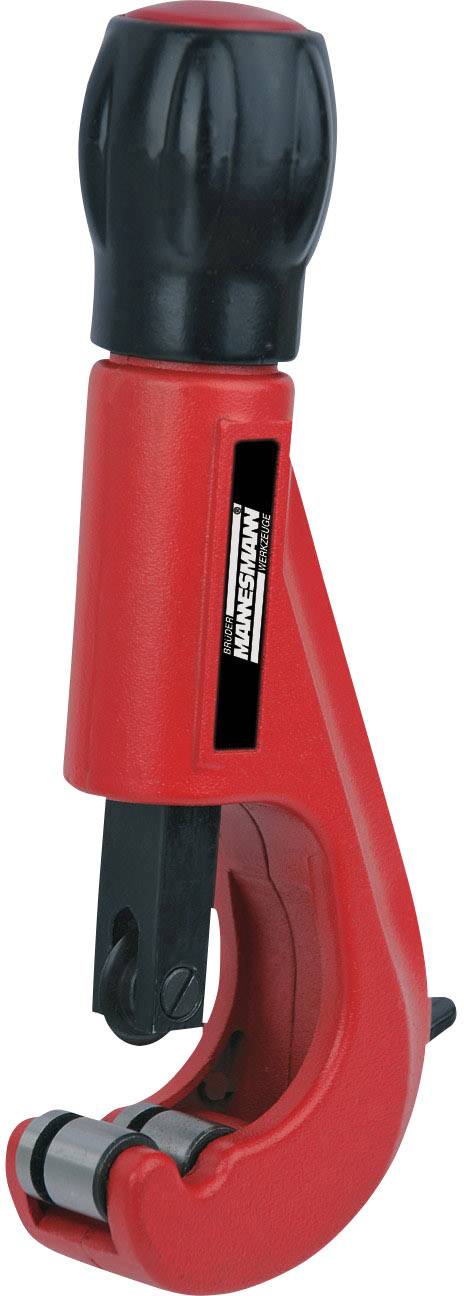 Red pipe cutting tool with black handle, used for cutting pipes in plumbing or installation processes.