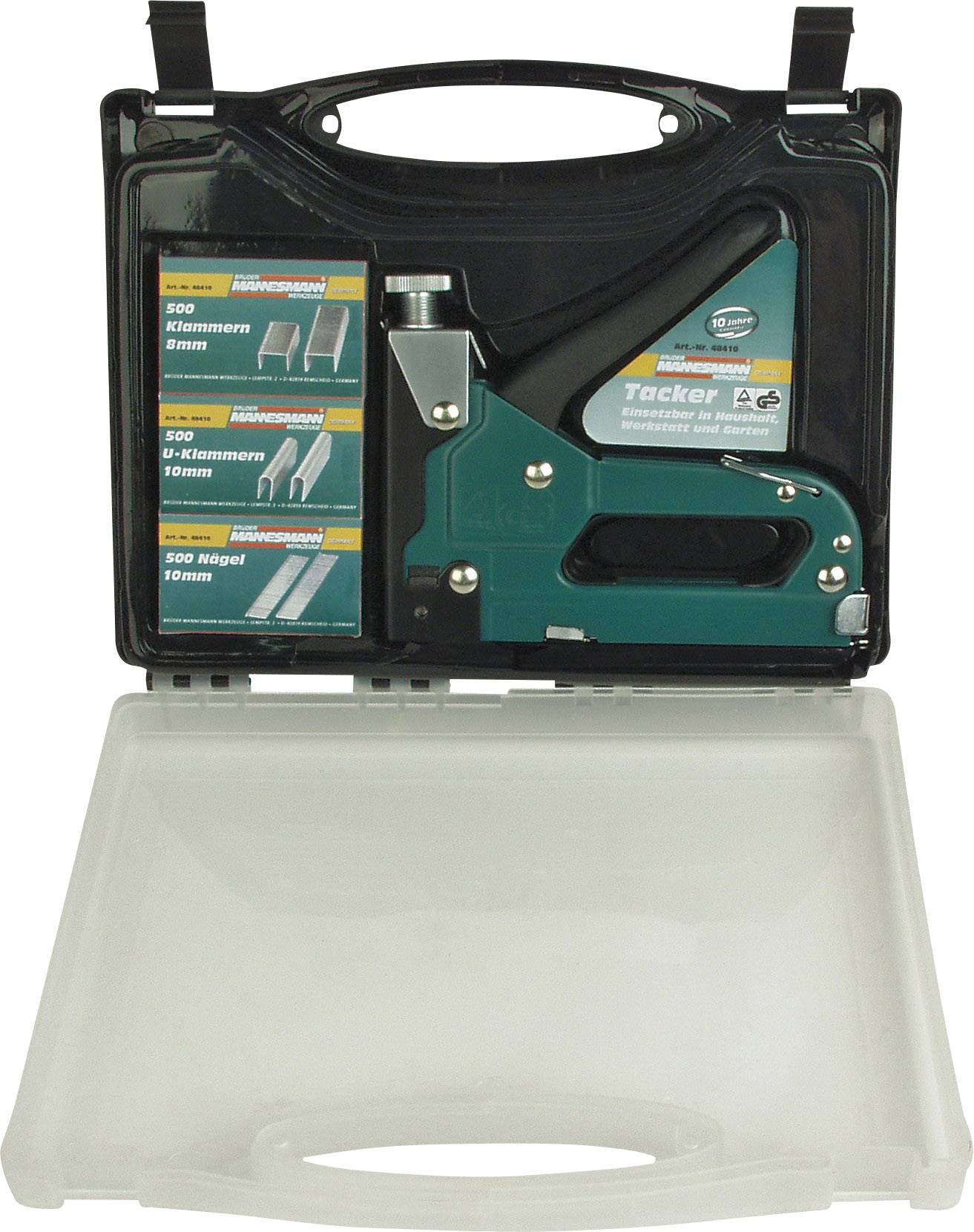 A green staple gun in an open plastic case, accompanied by three boxes of staples in various sizes.