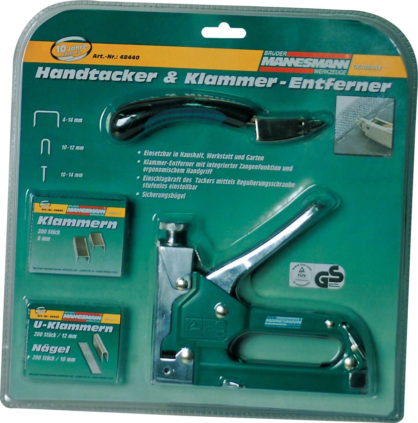 Packaging for a hand stapler set with staplers and staples. Contains hand stapler, staple remover, various staples. Brand logo in the top right corner.