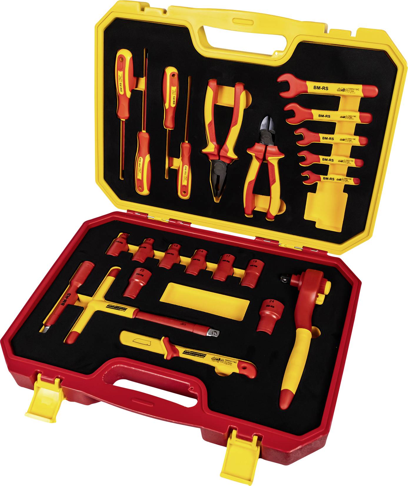 An open toolbox with a yellow casing displays various red and yellow tools, including screwdrivers and pliers.
