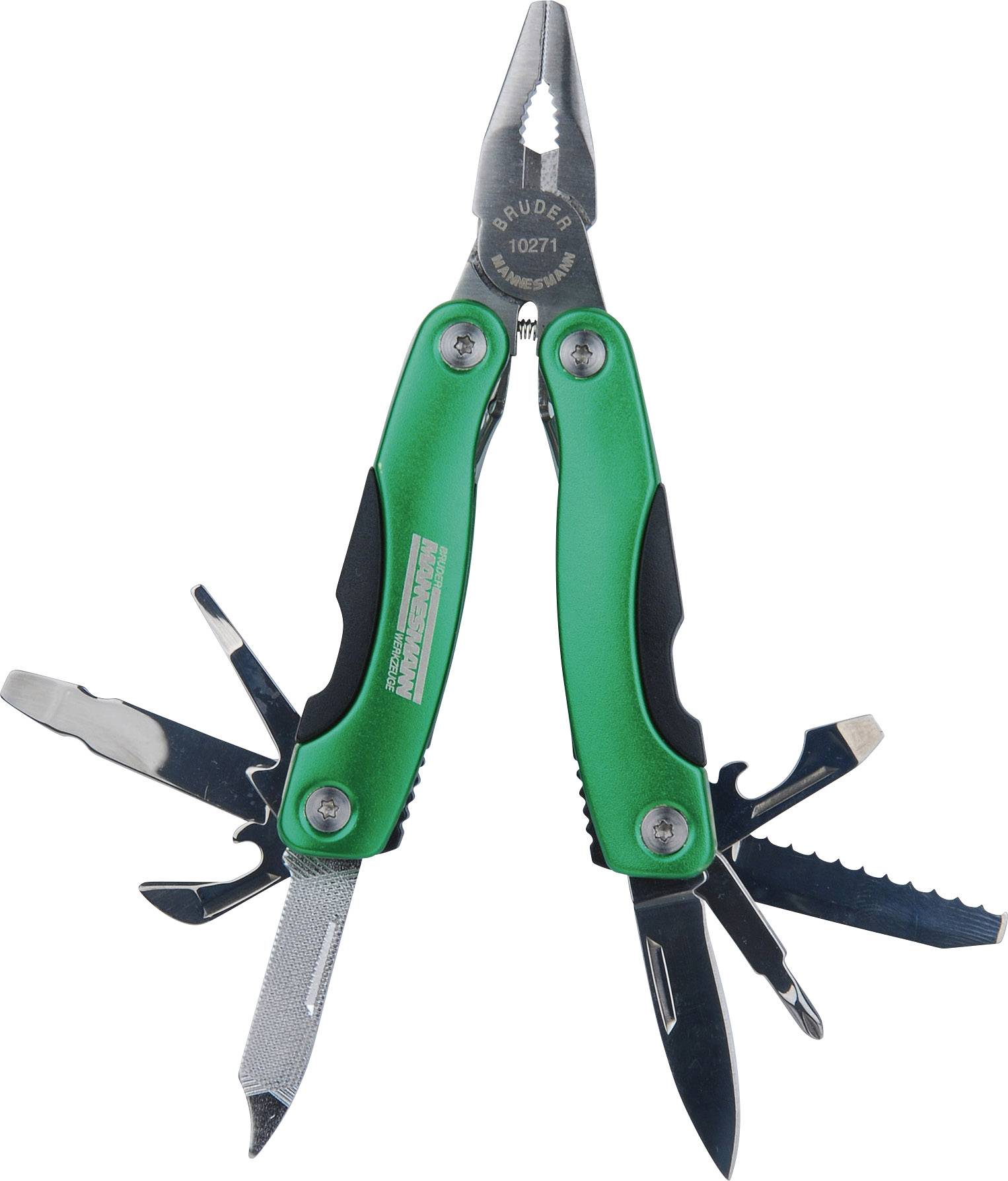 A green multi-tool with pliers and several unfolded tools such as a knife, file, and screwdriver.