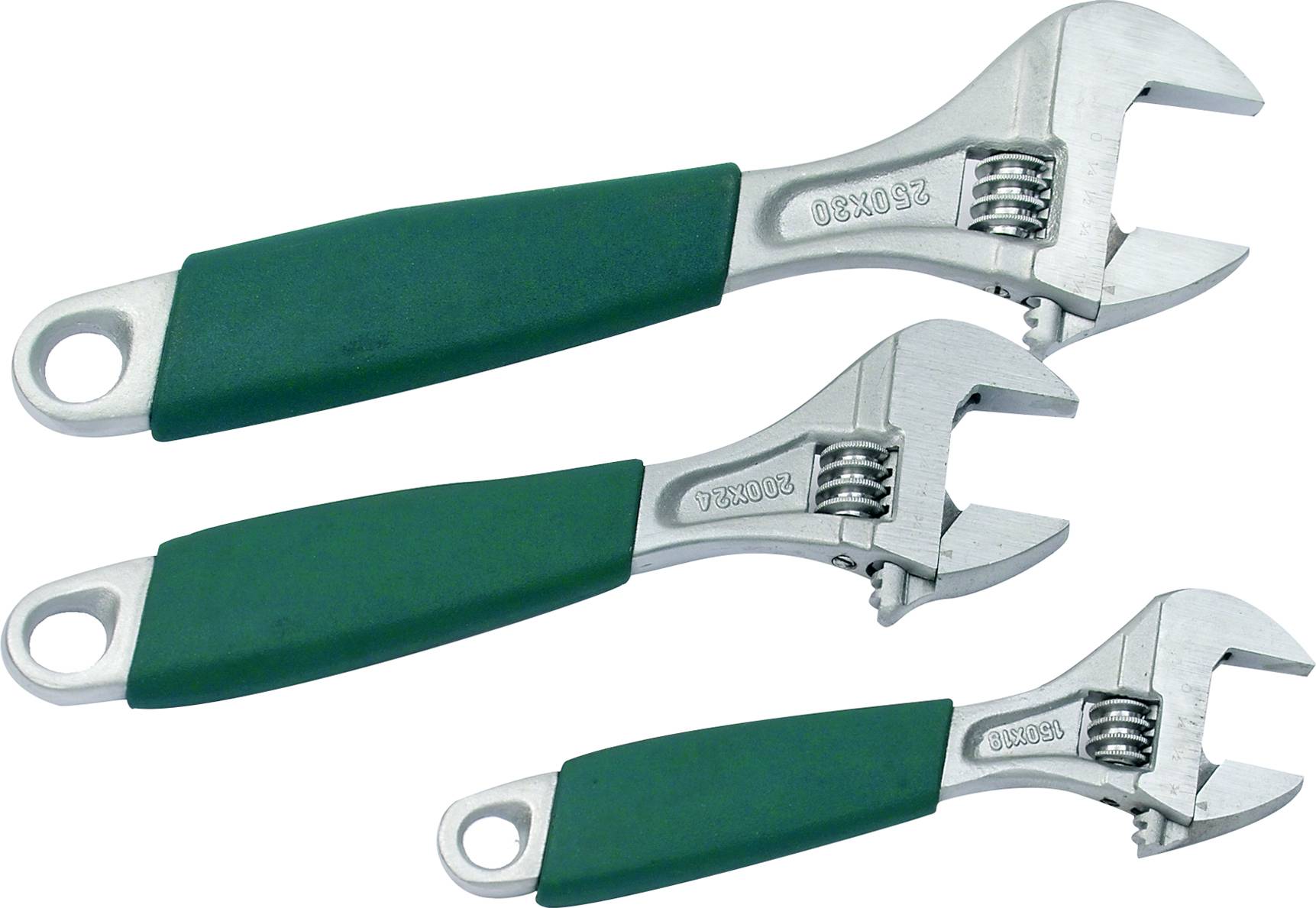 Three adjustable spanners with green handles in different sizes, lying on a white background.