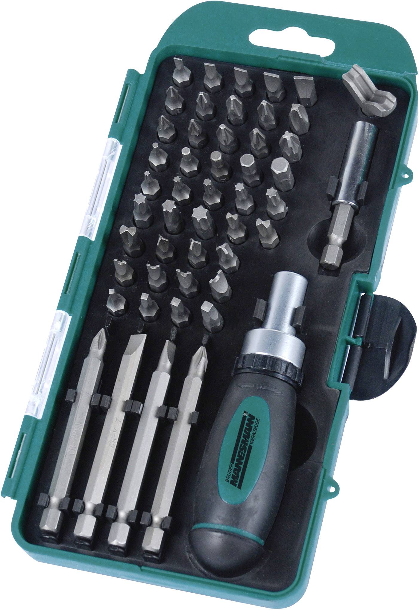 Screwdriver set with various bits and an ergonomic handle in an open green box. Perfect for a wide range of tasks.