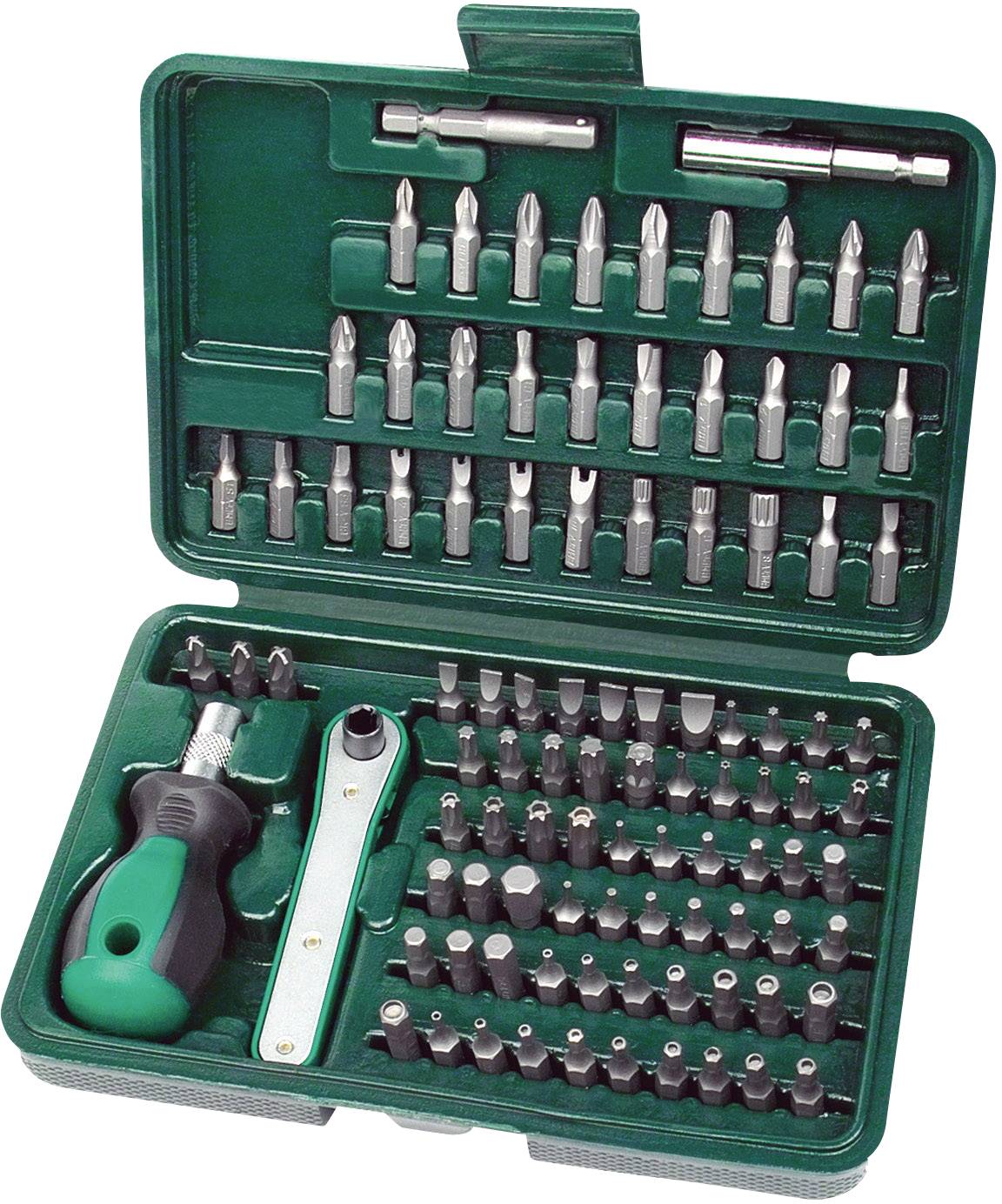 A green tool case with a screwdriver, ratchet and numerous bits. Suitable for various screw-related tasks.