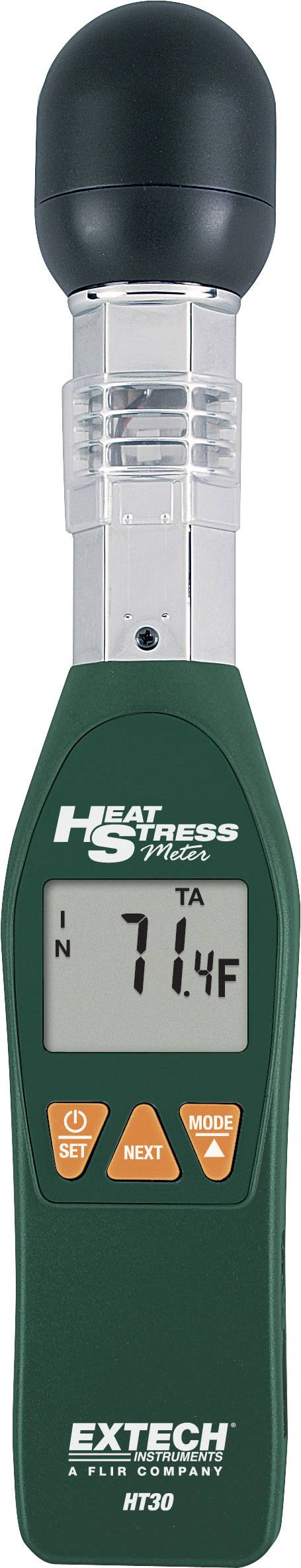 A green heat stress metre displays '71.4°F' on its screen. A black cap is attached to the top.