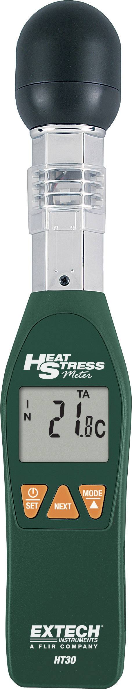 Handheld temperature measuring device with digital display, showing 21.8°C. Green with black protective cap.