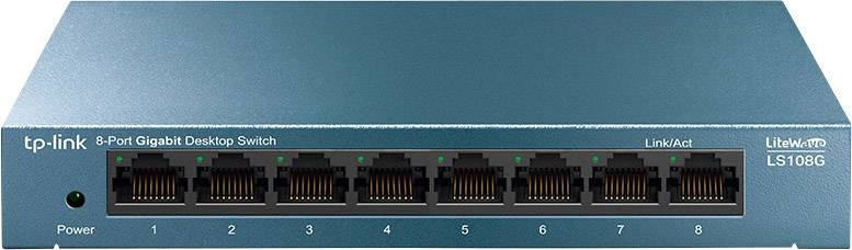 A TP-Link network switch with 8 Gigabit Ethernet ports and status LEDs. Model: LS108G.