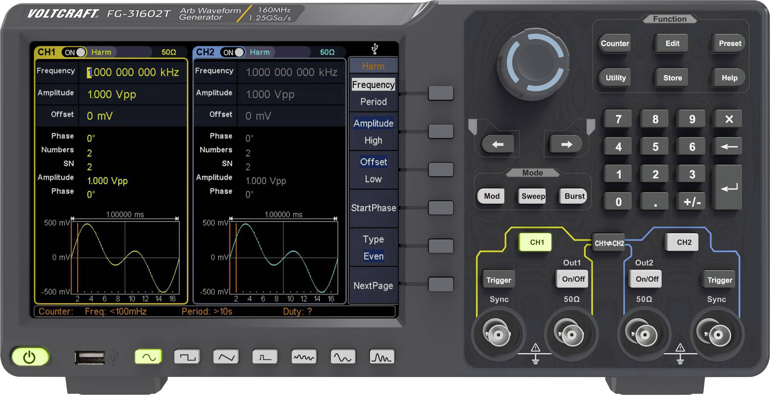 Oscilloscope display with two channels. Shows frequencies and amplitudes, Channel A at 1000 Hz, Channel B also 1000 Hz, both 1000 Vpp.