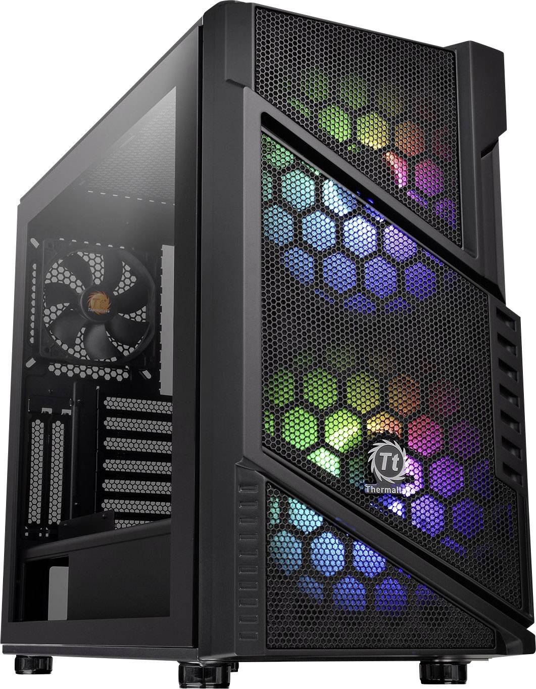 Computer case with a transparent side panel shows colourful LED lighting. Front panel and fans are visible.