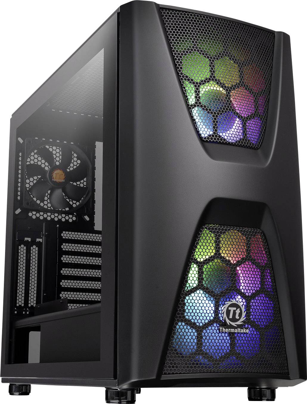Black computer case with a side window and colourful LED lighting on the front. Contains fans for cooling.