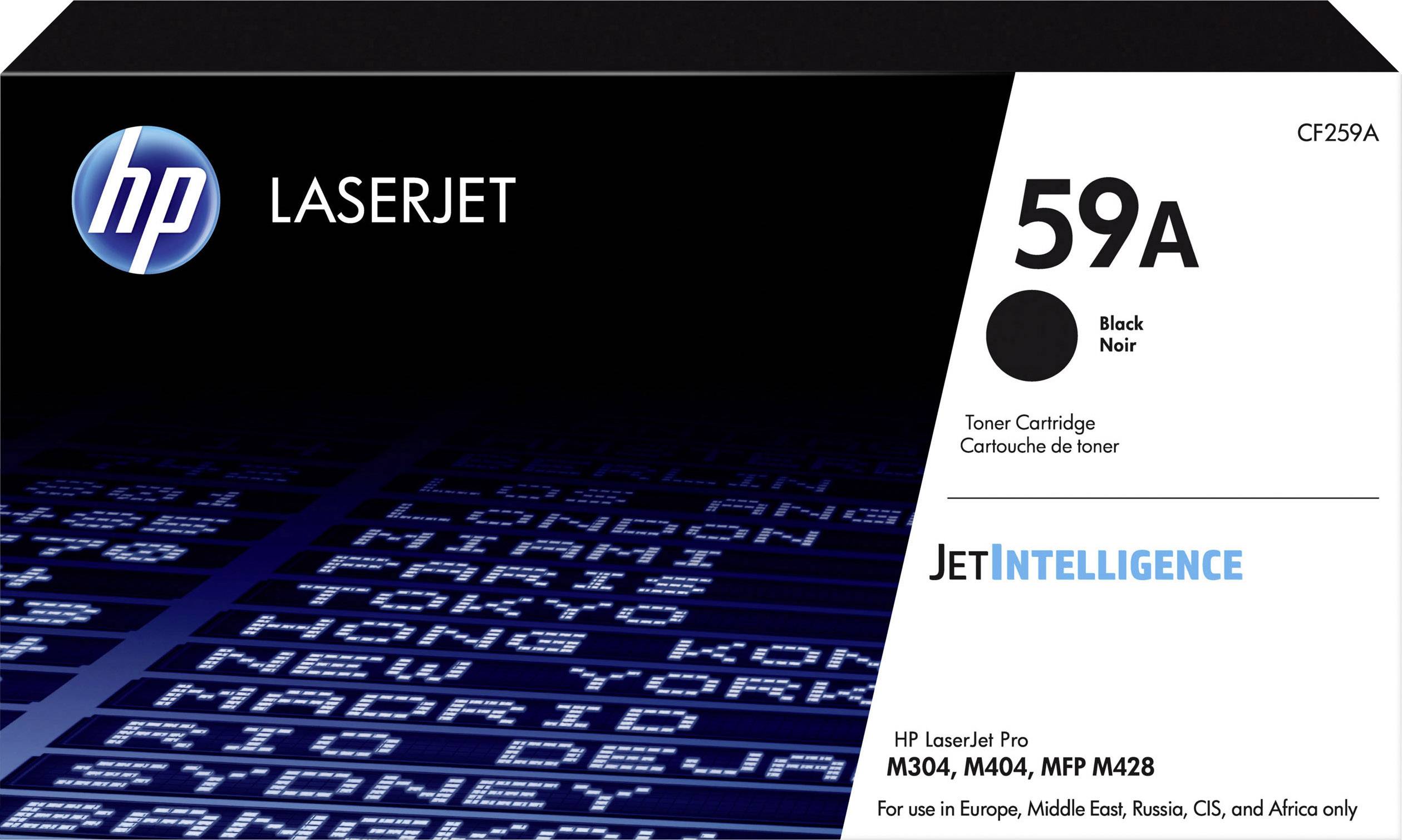 Packaging for an HP LaserJet 59A Toner Cartridge. Black toner for models M304, M404 and MFP M428. Includes 'JetIntelligence'.