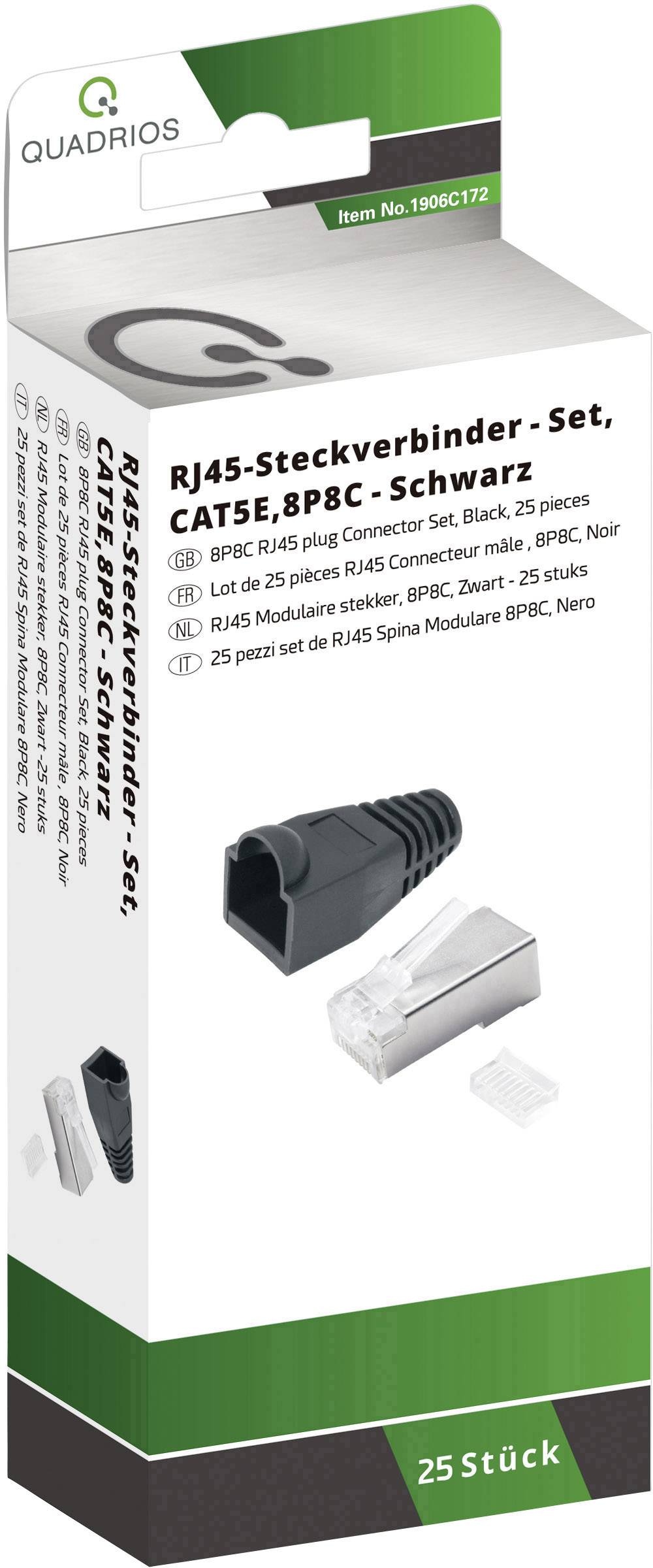 Box of RJ45 connector set, CAT5E, 8P8C, Black, 25 pieces. Includes illustration of the connector and packaging logo.