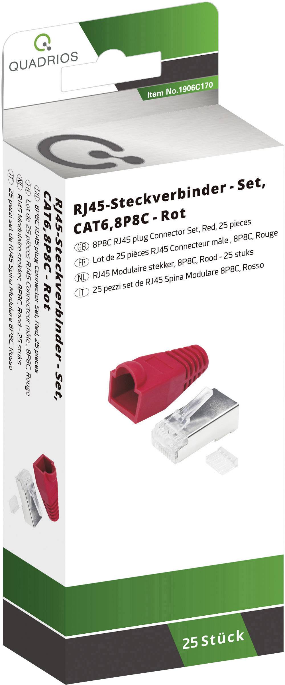 'RJ45 Connector Set, CAT6, 8P8C, Red, Pack of 25'. Contains red network plugs and silver metal connectors.