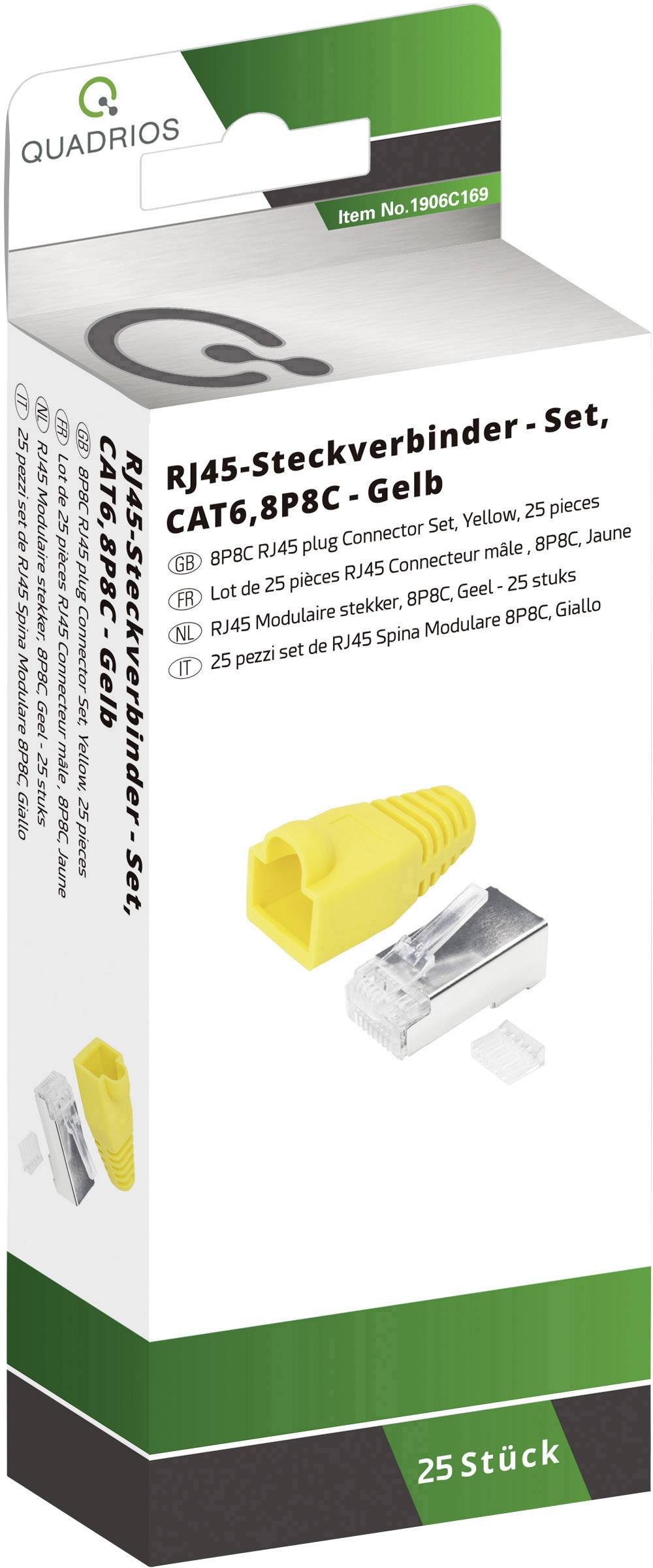 RJ45 Connector Set in Yellow for CAT6, Pack of 25, on White Packaging with Product Details in Multiple Languages.