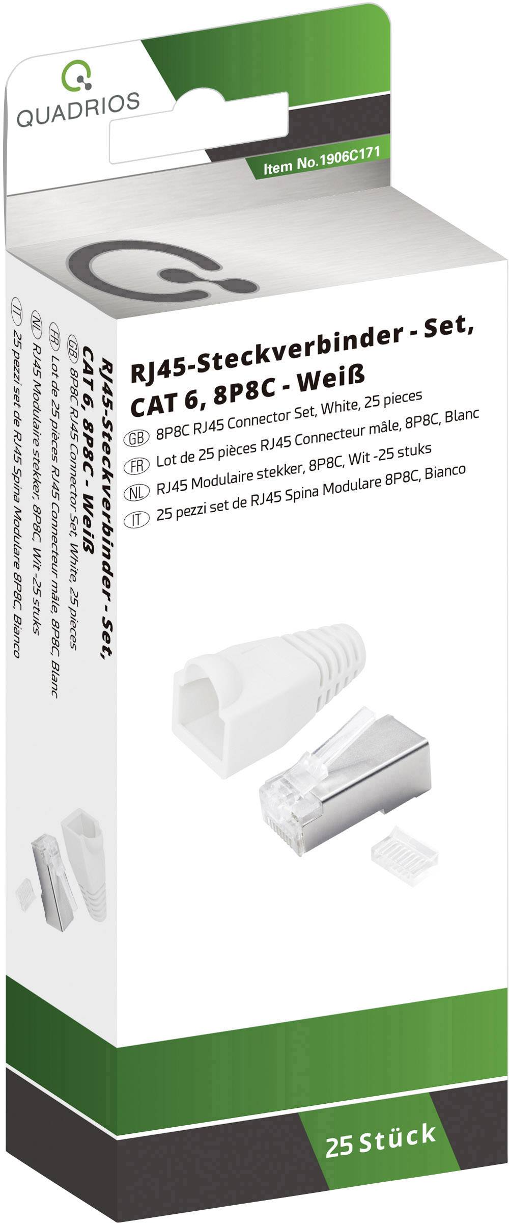Packaging for an RJ45 connector set for CAT 6, 8P8C, in White. Contains 25 pieces.