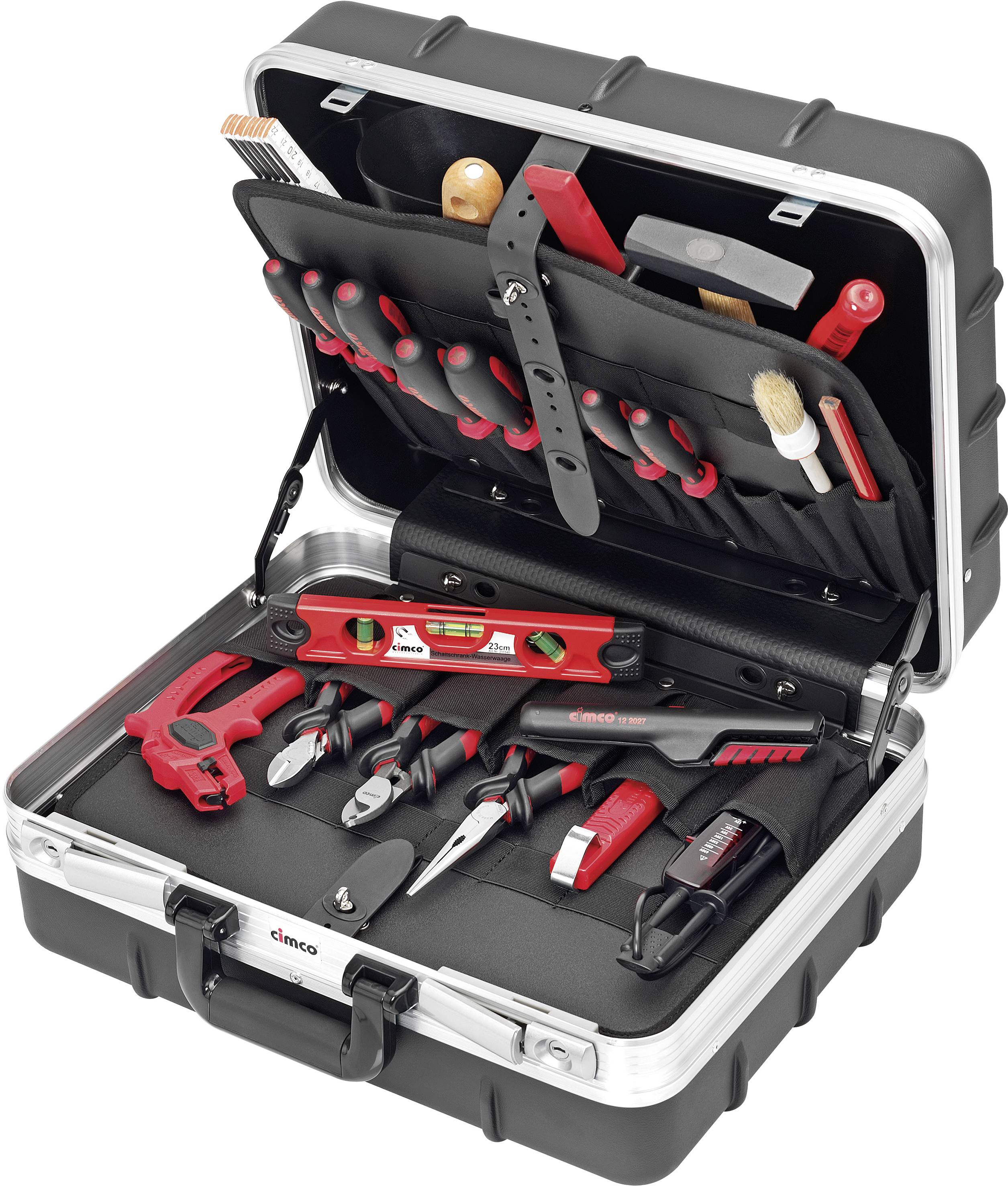 An opened toolbox with various hand tools such as screwdrivers, pliers, and spirit level, neatly arranged.