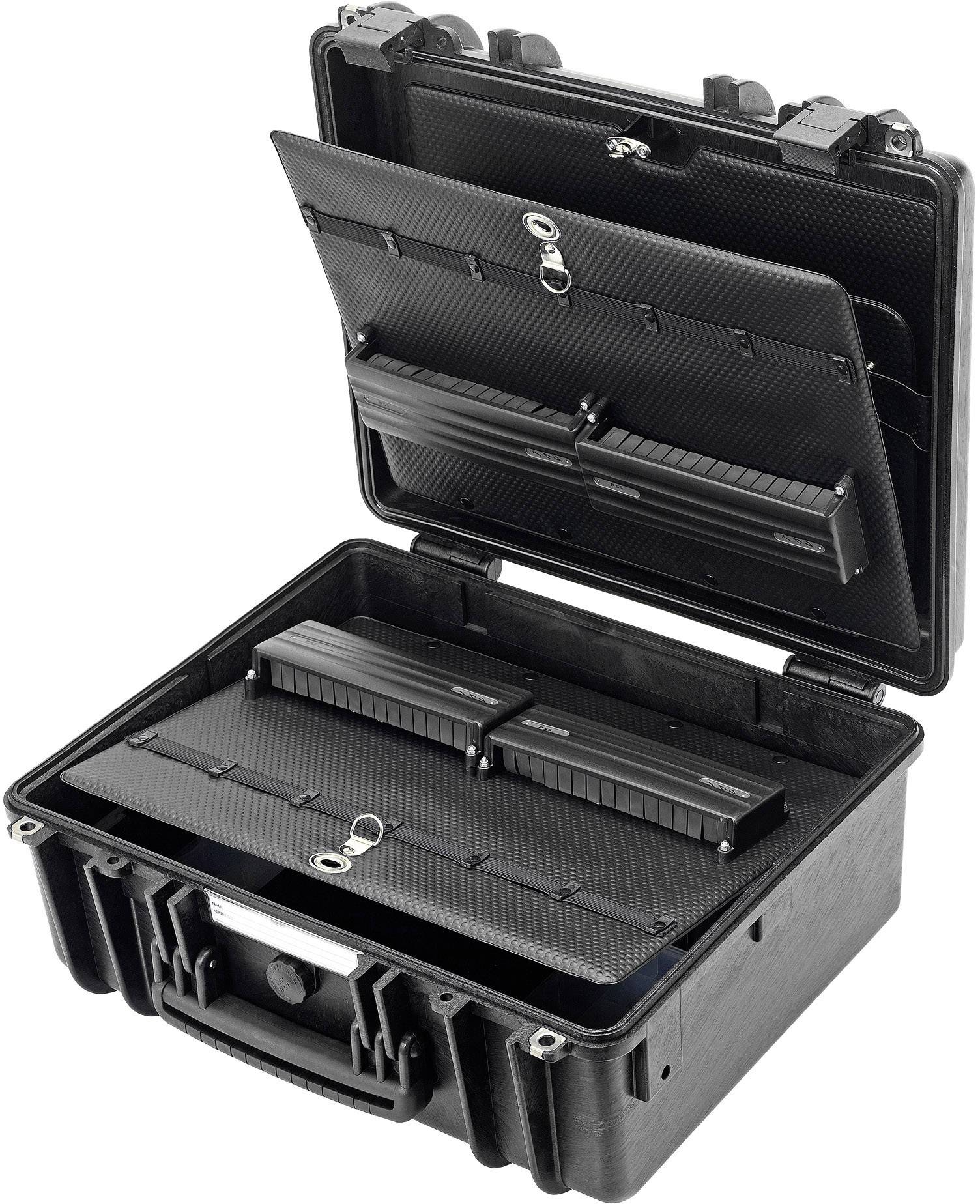 Black, robust plastic tool case, shown open with various compartments and holders visible.