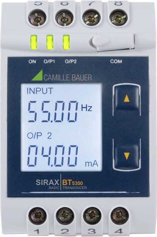 Electrical measuring device with display showing 'INPUT 55.00 Hz' and 'O/P 2 04.00 mA'. Three green LED indicators at the top, control buttons below.