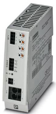 A grey electronic device with multiple ports and LED indicators on the front; used for controlling electrical systems.