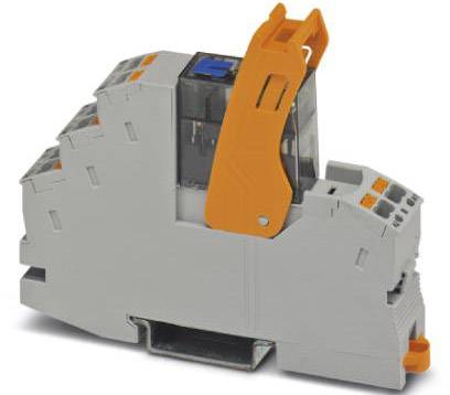 A relay module in a grey housing with an orange locking mechanism. It is designed for DIN rail mounting and has multiple connection terminals.