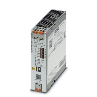 Industrial power supply with a square perforated structure on the top, multiple connection terminals, and labels displaying technical specifications.