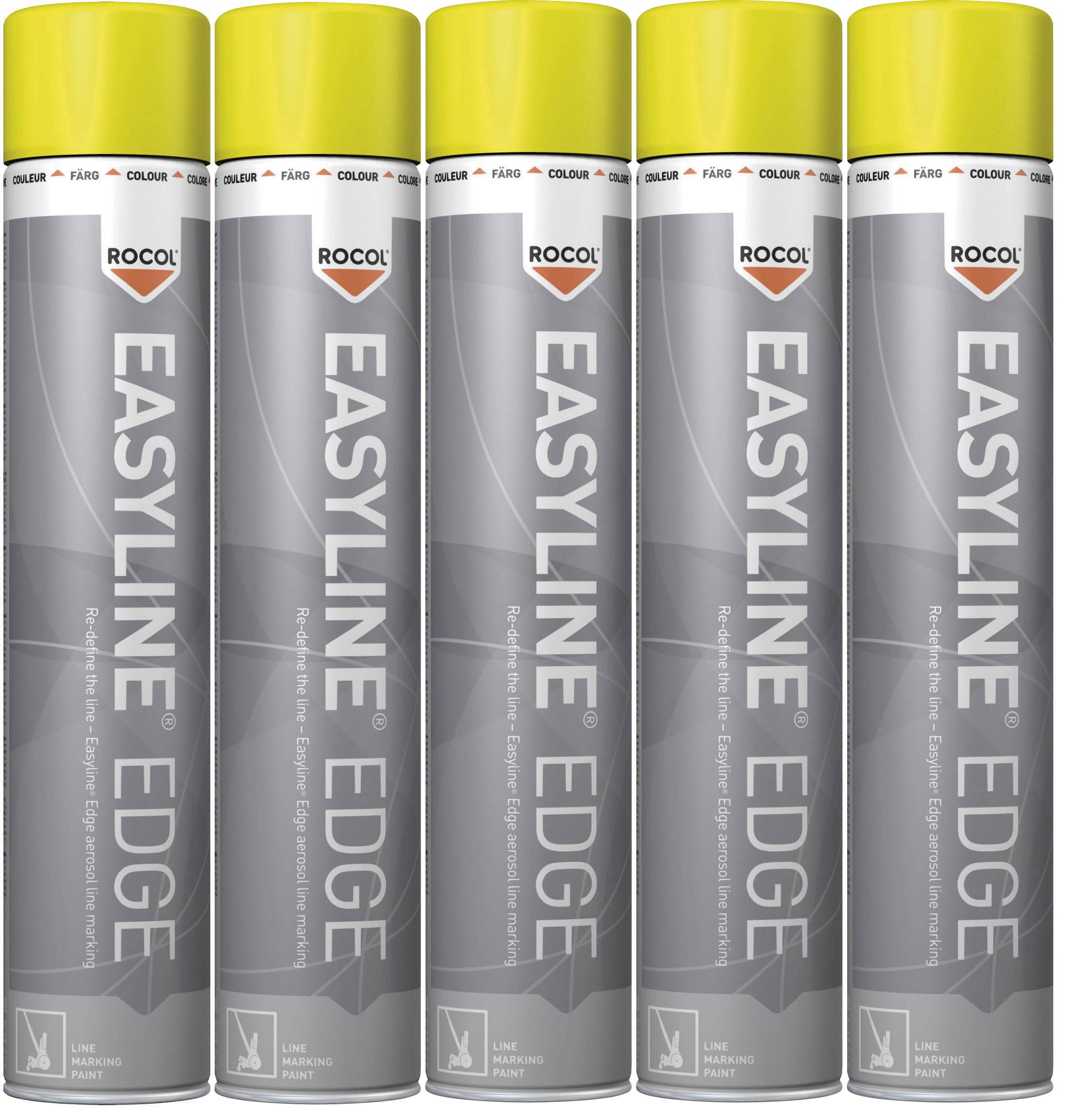 Five spray cans with yellow lids, brand 'Easyline Edge' by Rocol, for floor markings.