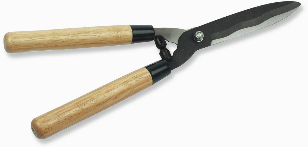 Hedge trimmer with wooden handles and metal blades in an open position. Tool for cutting bushes and hedges.