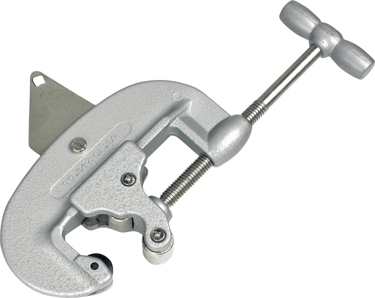 A silver metal pipe cutting tool with a rotatable handle surface and cutting mechanism, designed for pipe processing.