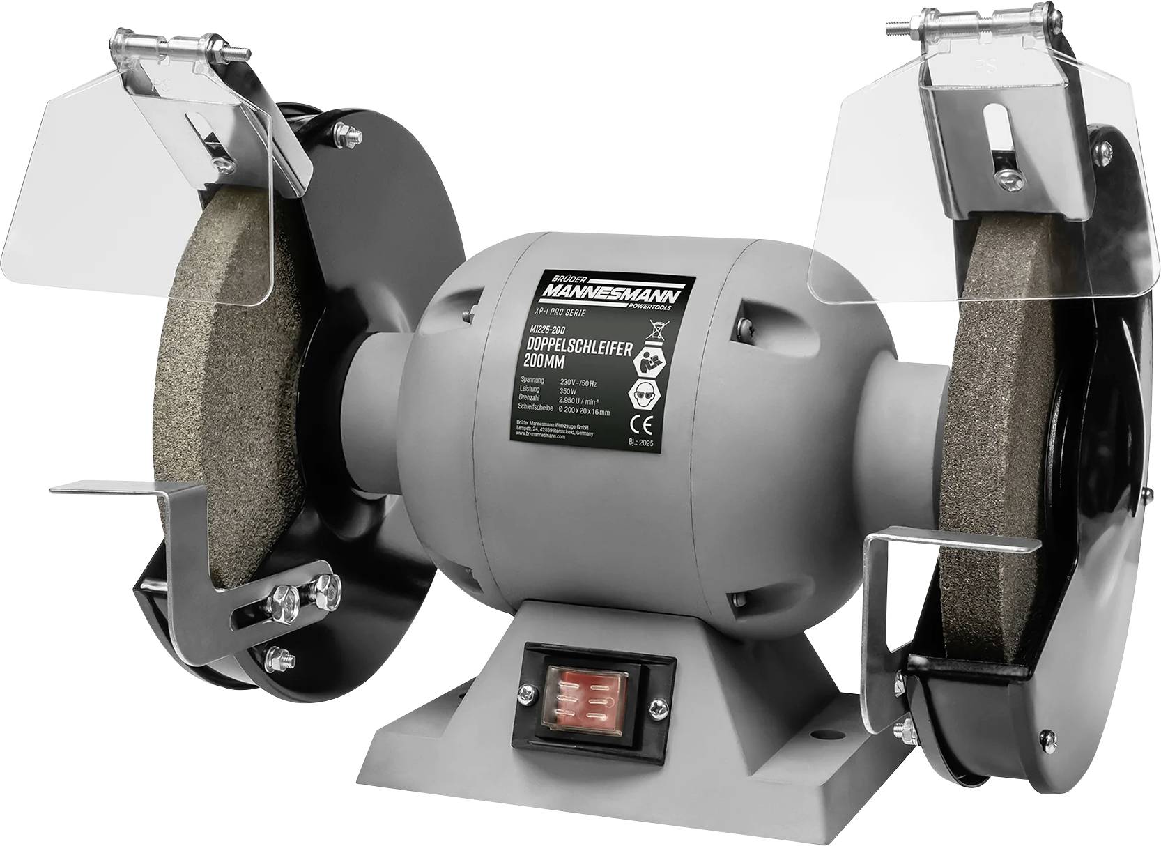 A bench grinder with two abrasive wheels, protective shields, and a power switch, used for sharpening and shaping metal tools.